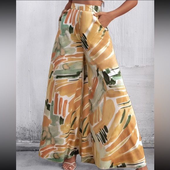 Pants - Boho High Waist Watercolor Brush Print Wide Leg Palazzo Pockets Pants
